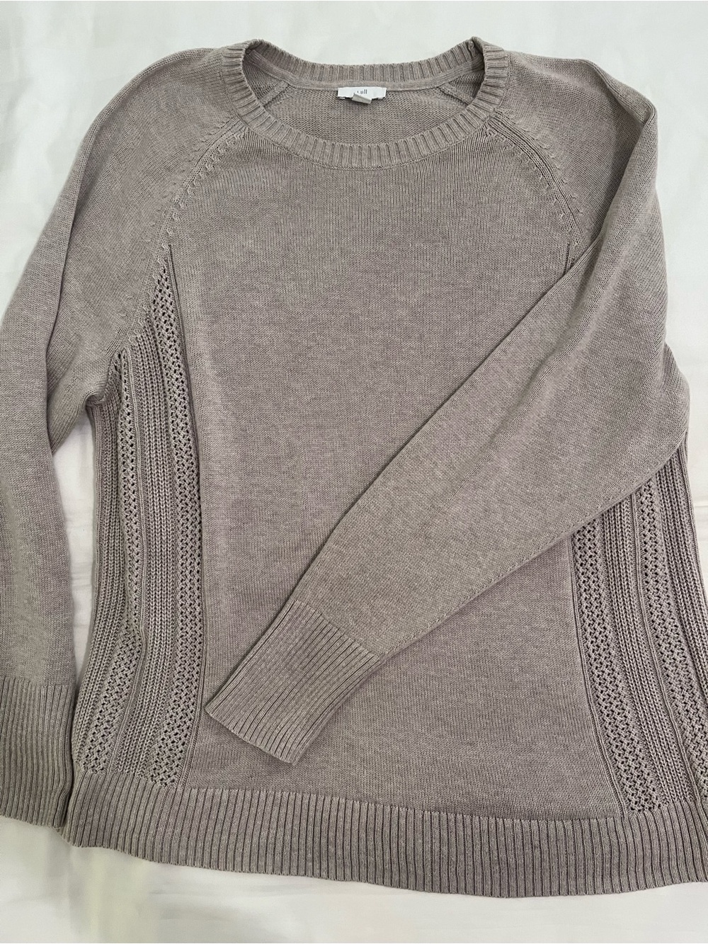 J. Jill Taupe Crewneck Sweater with Open-Knit Side Panels Cotton Blend L